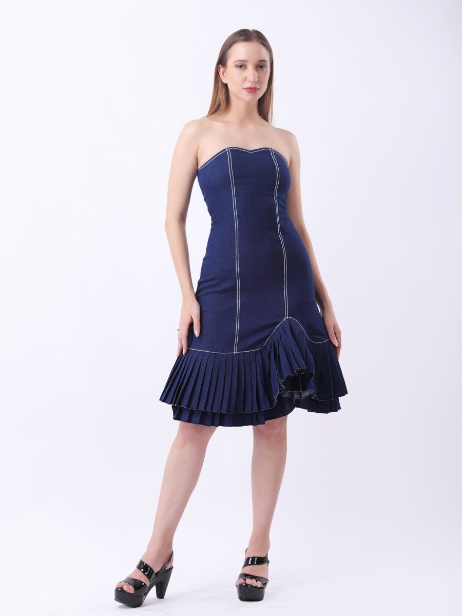 Gaiia Strapless Denim Ruffle Hem Dress - Navy - GAIIA